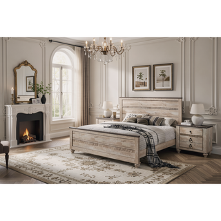 Sunvega White Wash Finish King Bedroom Set with Dresser Mirror Nightstand Chest
