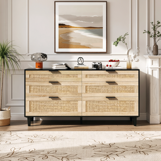 Sunvega 6 Drawer Rattan Dresser with Metal Handle and Wood Legs for Bedroom Storage