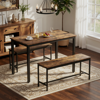 Sunvega Industrial Natural and White Dining Table Set with 2 Benches for Kitchen