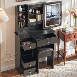 Sunvega Small Size Left Drawer Vanity Table with Adjustable LED Mirror and Stool