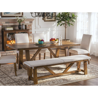 Sunvega Modern Upholstery Bench with Cushion and Rustic Style Trestle Base