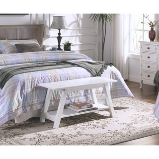 Sunvega White Solid Wood Farmhouse Bench with Storage Shelf for Entryway