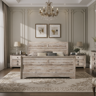 Sunvega Queen Size White Wash Finish Sleigh Bed and Two Nightstands with Antique Walnut Trim