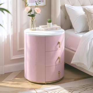 Sunvega Upholstered Round Nightstand with 3 Drawers and Marbling Top