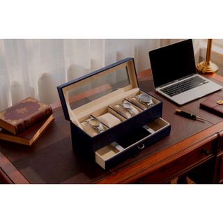 Sunvega 9.3" Long Navy-Blue Textured Leatherette Jewelry and Watch Display with Drawers