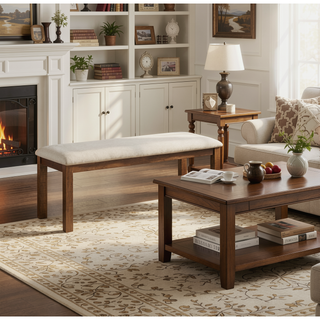 Sunvega Transitional Brown Finish Wood Frame Dining Bench with Beige Upholstered Seat