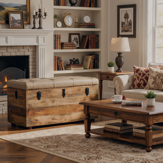 Sunvega Buffalo Hide Leather Storage Trunk in Beige Handcrafted from Solid Mango Wood