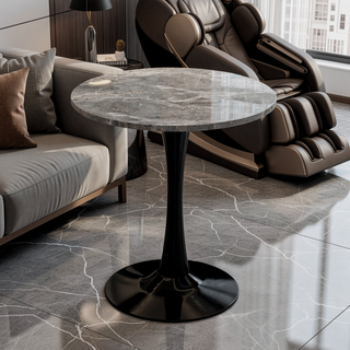 Sunvega Round White Pedestal Side Table with Marble Effect Top for Living Room