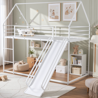 Sunvega Twin over Twin House Bunk Bed with Ladder and Slide in White