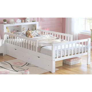 Sunvega Twin Size Bed with Headboard Storage, Two Under-Bed Drawers, and Three-Side Guardrails