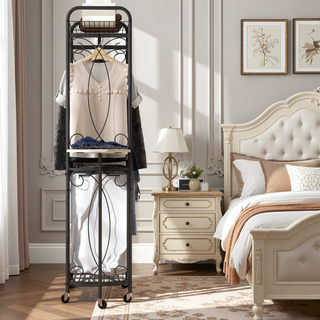 Sunvega Heavy Duty Metal Laundry Hamper Cart with Hanging Rail and Storage Shelf