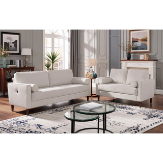 Sunvega Mid-Century Modern Off-White Leatherette Bench-Style Seating with Bolster Pillows