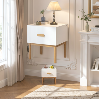 Sunvega Modern White Nightstand with Spacious Drawer and Stable Wood Legs for Bedroom