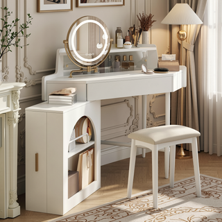 Sunvega White Corner Makeup Vanity Desk With Folding Mirror LED Lights And Stool
