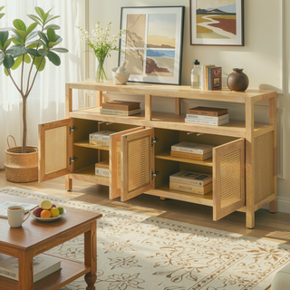 Sunvega Bohemian Style Rattan Buffet Cabinet with Solid Wood Frame and Adjustable Shelves for Living Dining Rooms