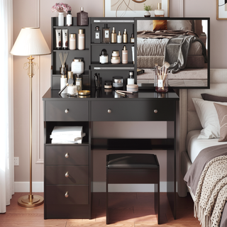 Sunvega Small Size Left Drawer Vanity Table with Cushioned Stool and Sliding Mirror