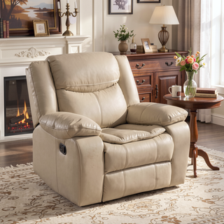 Sunvega Cream Breathable Leather Manual Reclining Sofa with Pillow Top Arm Cushions