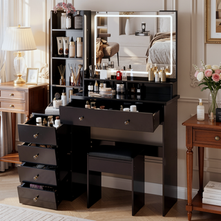 Sunvega 41 Inch Large Size Left Bedside Cabinet Vanity Table with Cushioned Stool