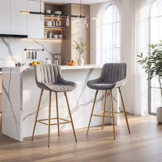 Sunvega Set of 2 Velvet Fabric Bar Stools with Chrome Footrest and Golden Legs