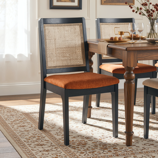 Sunvega Modern Solid Wood Dining Chair with Inset Rattan Back Panel and Adjustable Foot Levelers