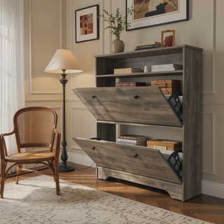 Sunvega Dark Brown Finish Shoe Rack with Two Extendable Cabinets and One Open Shelf
