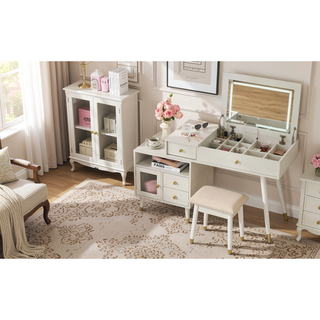 Sunvega White 3-in-1 Vanity Desk with Lighted Flip-Top Mirror and Adjustable Cabinet