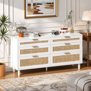 Sunvega 6 Drawer Rattan Dresser with Metal Handle and Wood Legs for Bedroom Storage