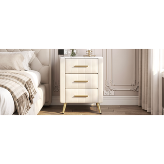 Sunvega Upholstered Velvet Nightstand with 3 Drawers and Marbling Worktop