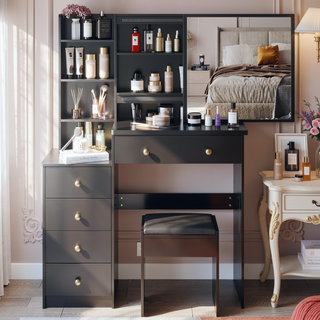 Sunvega 37 Inch Left Bedside Cabinet Vanity Table with Cushioned Stool and Sliding Mirror