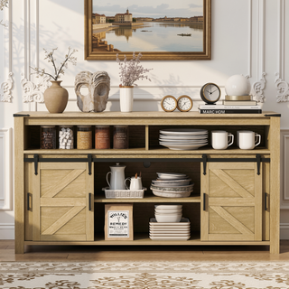 Sunvega Farmhouse Sideboard with Sliding Barn Door Mesh Panels and Open Storage