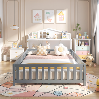 Sunvega Natural Wooden Montessori Floor Bed Frame with Fence and Door for Kids