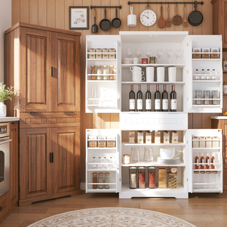 Sunvega Modern Farmhouse White Buffet Cabinet with Hutch for Kitchen Storage and Dining Room