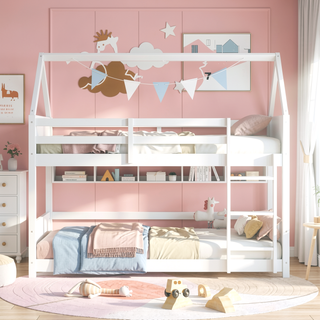 Sunvega Twin Over Twin Wooden House Bunk Bed with Headboards Footboards Guardrails Ladder