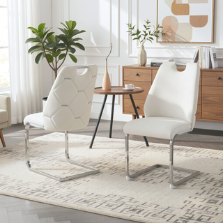 Sunvega White Faux Leather Dining Chairs Set of 2 with Gold Mesh Texture and Chrome Handle