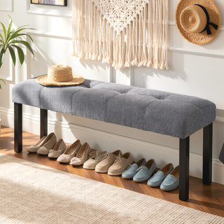 Sunvega Modern Tufted Linen Entryway Bench with Black Rubber Wood Legs for Kitchen
