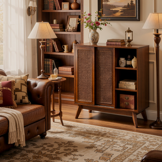Sunvega Mid Century Modern Rattan Sideboard Cabinet with Adjustable Shelves and Solid Wood Feet