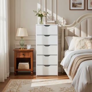 Sunvega Slim White 5-Drawer Storage Chest Dresser for Bedroom with Pull-Out Mechanism