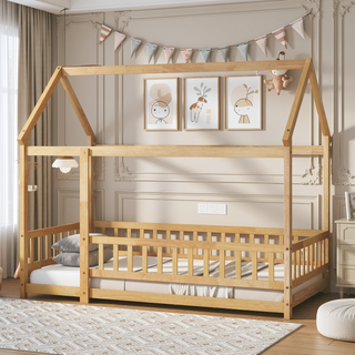 Sunvega Twin Size Wooden Floor Bed with Roof Frame and Safety Guardrails in Grey