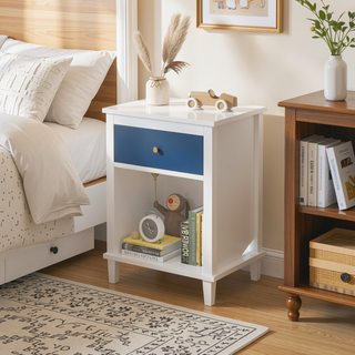 Sunvega White and Golden Kids Wooden Nightstand with One Drawer and Shelf