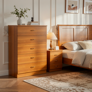 Sunvega Five Drawer Chest with Curved Metal Handles and Glide Rails in Light Cherry