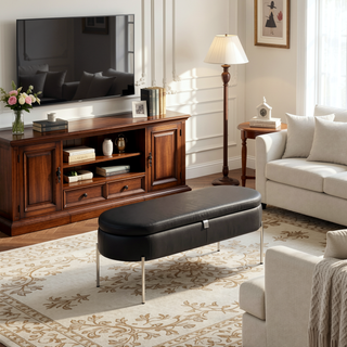 Sunvega Glam Contemporary Storage Bench with Black Faux Leather and Chrome Base