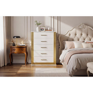 Sunvega Modern White and Gold Finish Five-Drawer Chest with LED Lights