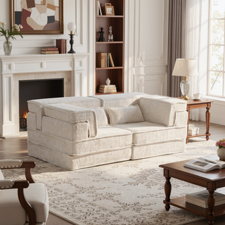 Sunvega Convertible Modular Sectional Mahjong Sofa Bed with Ottoman in Circle Fleece Fabric