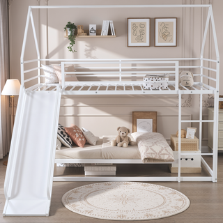 Sunvega Twin over Twin House Bunk Bed with Ladder and Slide in White