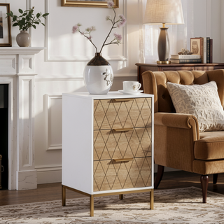 Sunvega Mid-Century Modern Nightstand with Wavy Drawer Panels and Gold Metal Accents