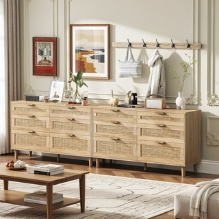 Sunvega Modern Natural Rattan 6 Drawer Dresser with Wood Legs for Bedroom Storage