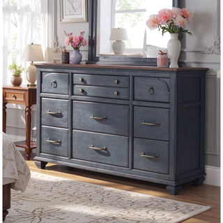Sunvega Corduroy Blue Finish 9-Drawer Dresser with Antique Pewter Hardware