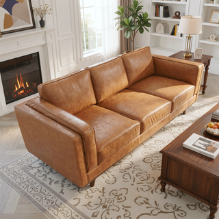 Sunvega Mid Century Modern Top Grain Leather Sofa with High Feet for Living Room