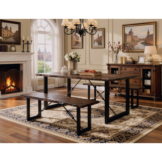 Sunvega Industrial U-Shape Metal Legs Walnut Black Finish Two Tone Design Bench