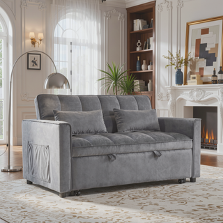 Sunvega Pink Velvet Convertible Sofa Bed with Reclining Backrest and Storage Pockets